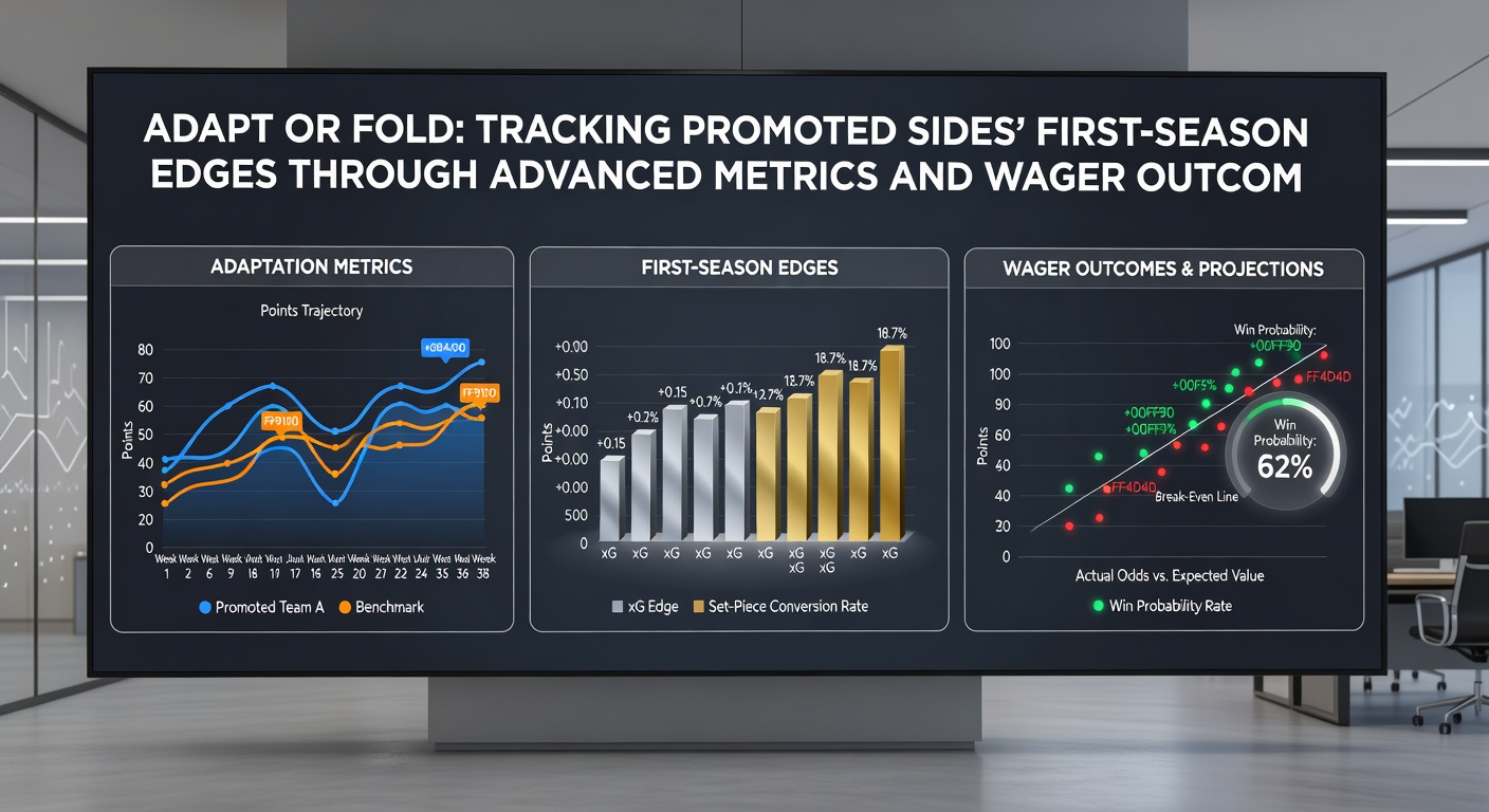 Charts displaying first-season wager performance for promoted clubs alongside advanced statistical overlays