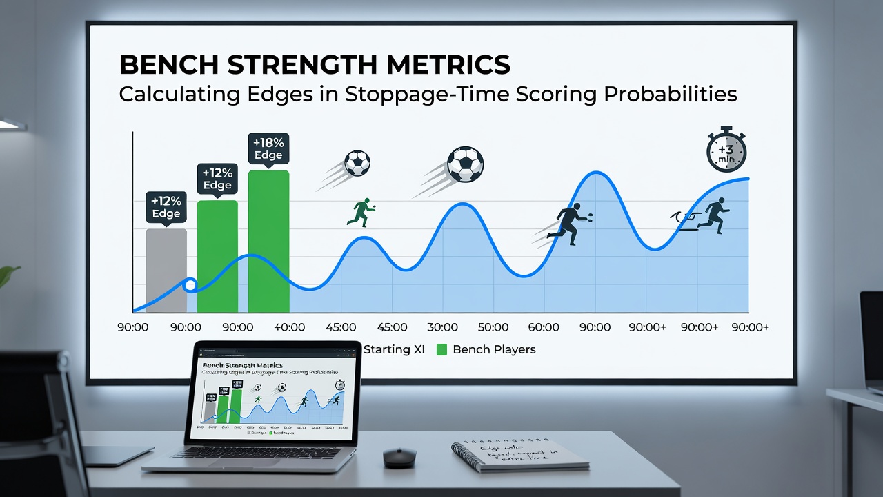 Data visualization dashboard displaying stoppage time goal probability charts and bench strength metrics for football teams
