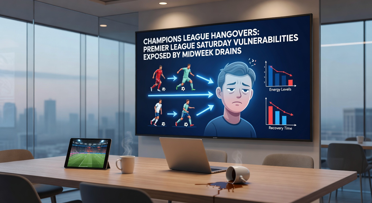 Graph illustrating win rate drops for Premier League teams after Champions League midweek games, with bars comparing rested vs. fatigued performances