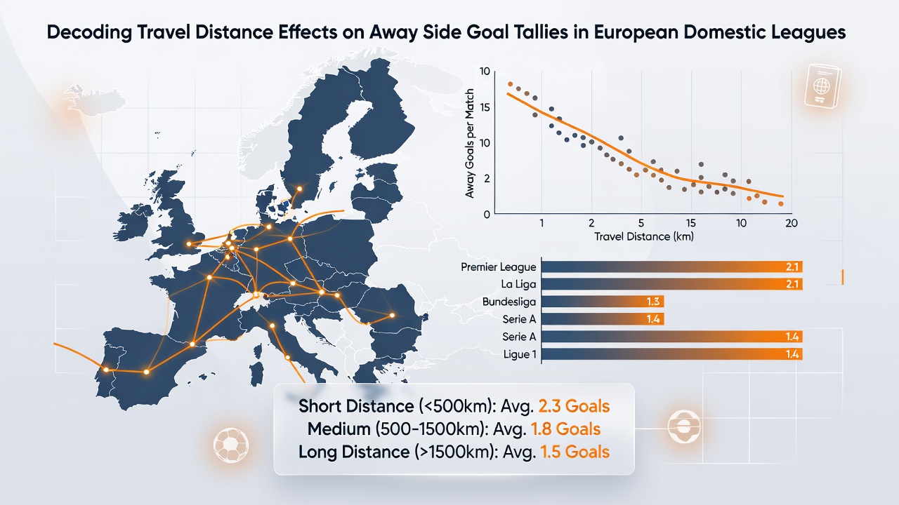 Graph displaying average away goals versus travel distance across European leagues