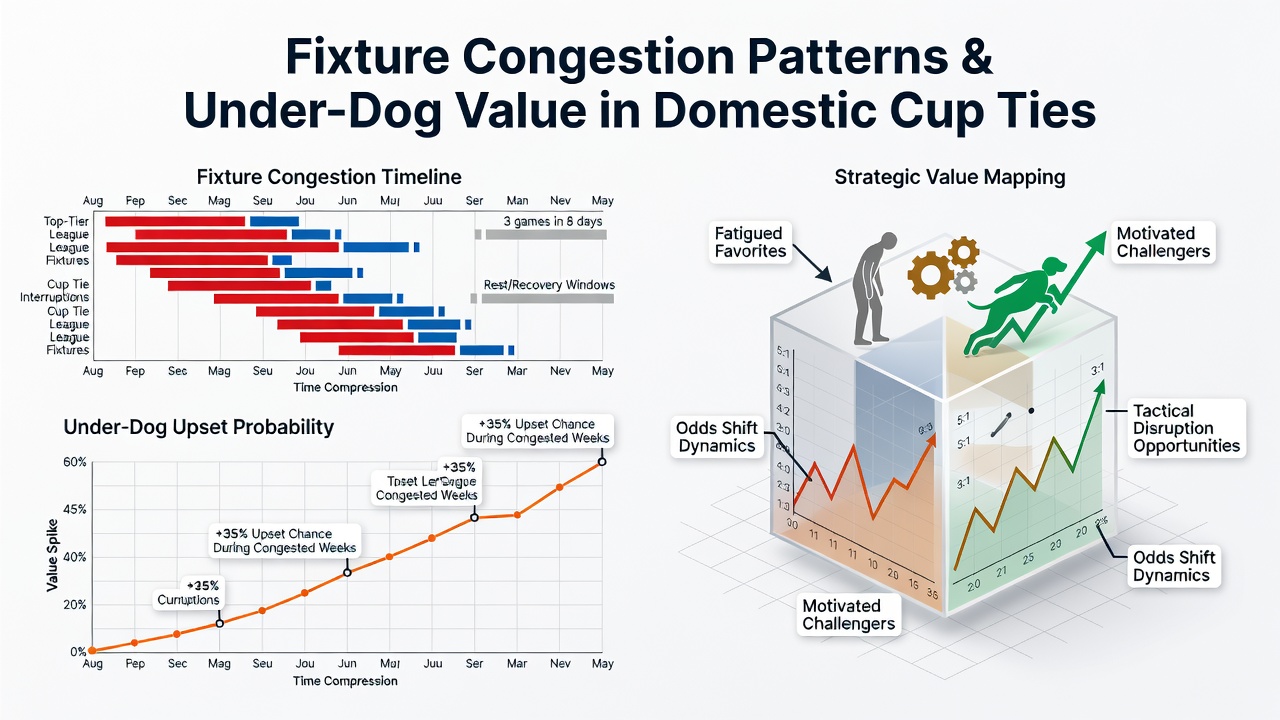 Table displaying underdog win percentages in domestic cups when favorites face fixture congestion versus rested schedules