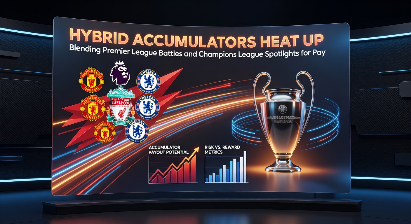 Dynamic graphic of a hybrid accumulator payout chart, illustrating odds multiplication from Premier League wins and Champions League advancements in March 2026 fixtures