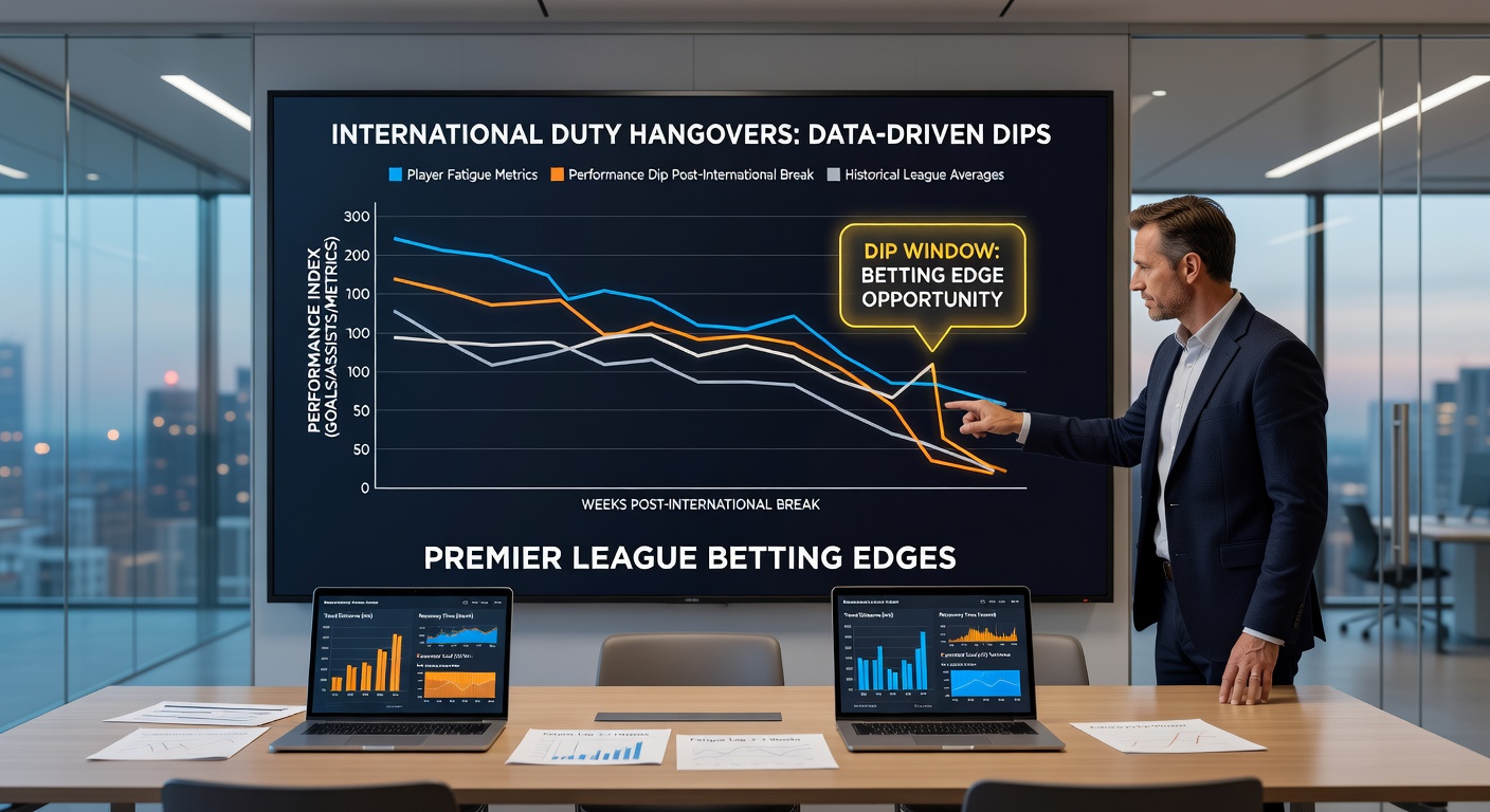 Graph showing performance dips in Premier League teams after international breaks, with bars comparing win rates and goals