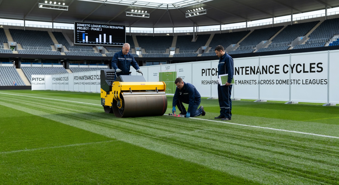 Close-up view of football pitch surface showing grass height differences after recent aeration and rolling