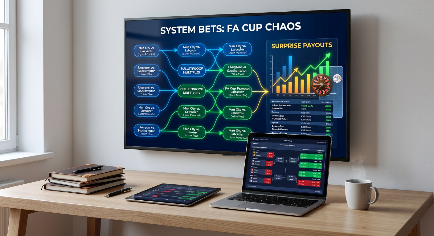 Infographic breaking down a Yankee system bet with FA Cup match examples, showing payouts for 2/4, 3/4, and full hits amid explosive celebrations