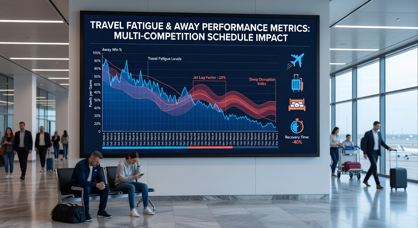 Graph showing away performance metrics decline due to travel fatigue in multi-competition schedules